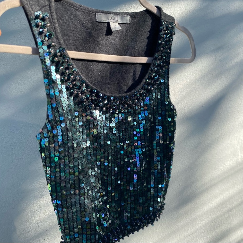 Y2K XXI Grey Blue Beaded Mermaid Fairy Sleeveless Top Size Small